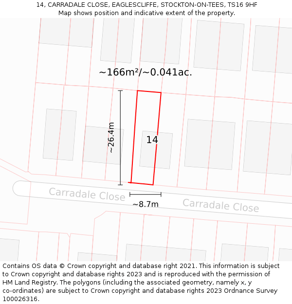14, CARRADALE CLOSE, EAGLESCLIFFE, STOCKTON-ON-TEES, TS16 9HF: Plot and title map