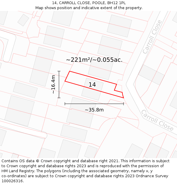 14, CARROLL CLOSE, POOLE, BH12 1PL: Plot and title map
