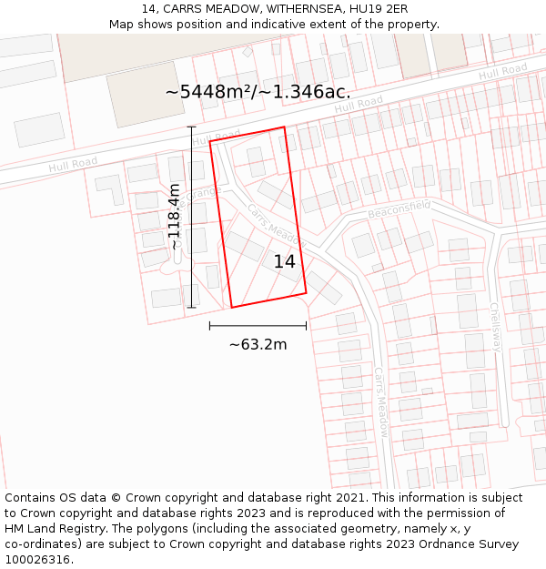 14, CARRS MEADOW, WITHERNSEA, HU19 2ER: Plot and title map