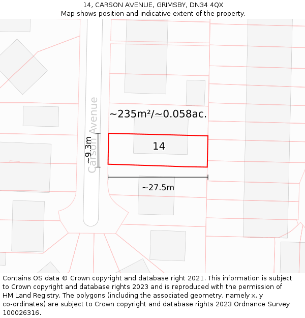 14, CARSON AVENUE, GRIMSBY, DN34 4QX: Plot and title map