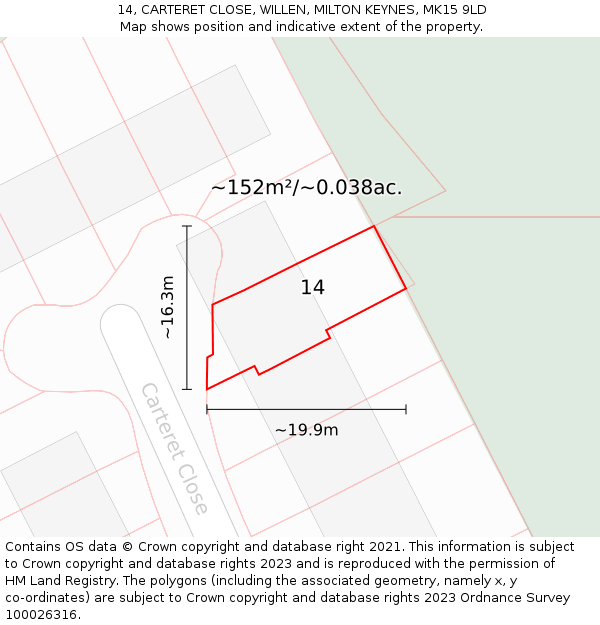 14, CARTERET CLOSE, WILLEN, MILTON KEYNES, MK15 9LD: Plot and title map