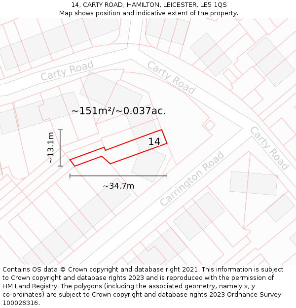 14, CARTY ROAD, HAMILTON, LEICESTER, LE5 1QS: Plot and title map