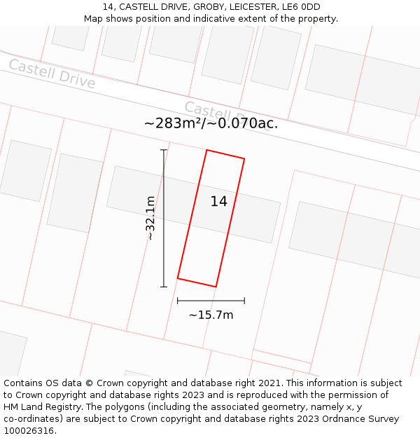 14, CASTELL DRIVE, GROBY, LEICESTER, LE6 0DD: Plot and title map