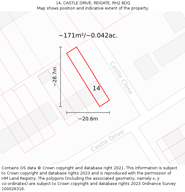14, CASTLE DRIVE, REIGATE, RH2 8DQ: Plot and title map