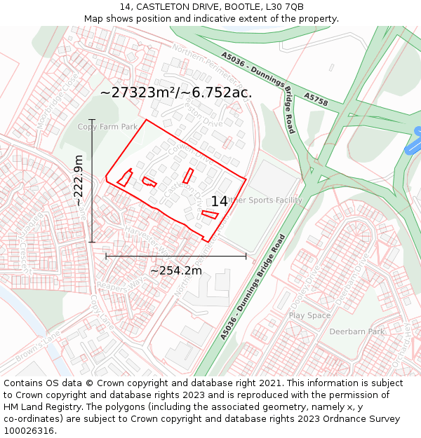 14, CASTLETON DRIVE, BOOTLE, L30 7QB: Plot and title map