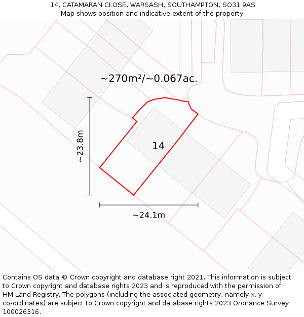 14, CATAMARAN CLOSE, WARSASH, SOUTHAMPTON, SO31 9AS: Plot and title map
