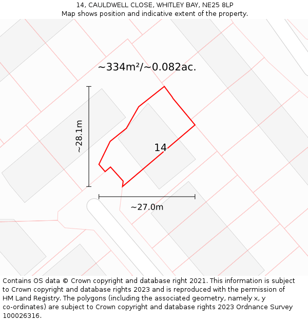 14, CAULDWELL CLOSE, WHITLEY BAY, NE25 8LP: Plot and title map