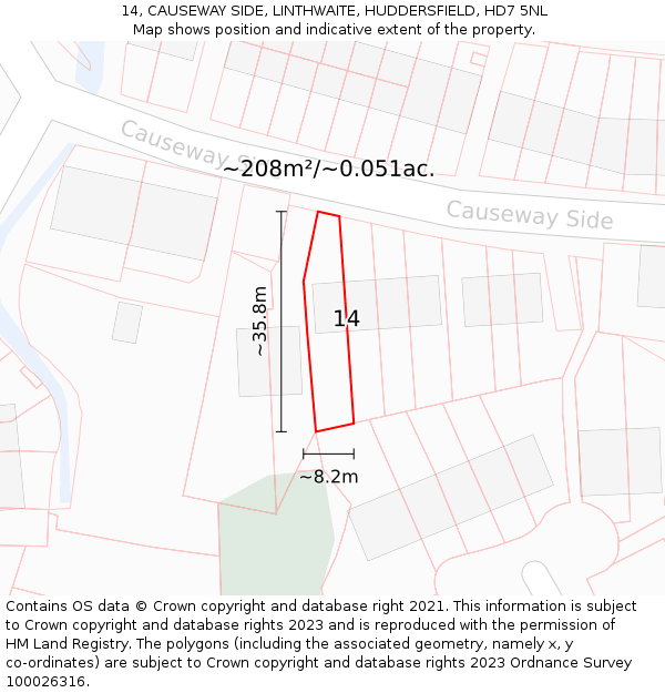 14, CAUSEWAY SIDE, LINTHWAITE, HUDDERSFIELD, HD7 5NL: Plot and title map