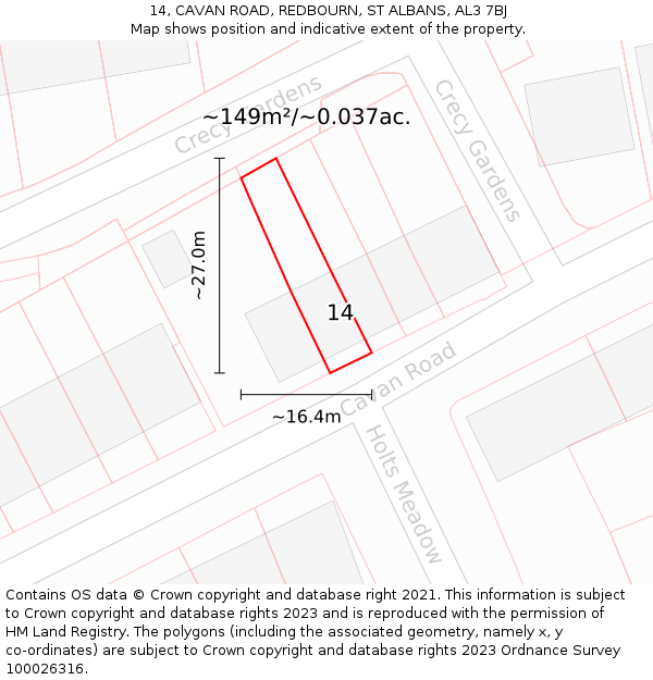 14, CAVAN ROAD, REDBOURN, ST ALBANS, AL3 7BJ: Plot and title map
