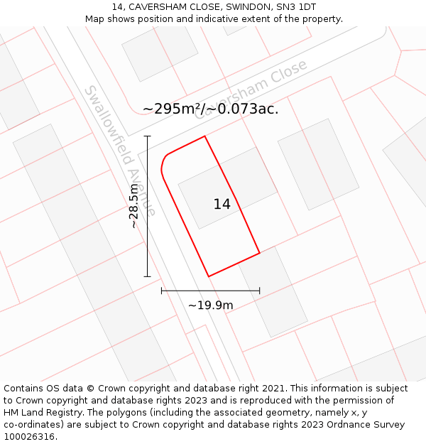 14, CAVERSHAM CLOSE, SWINDON, SN3 1DT: Plot and title map