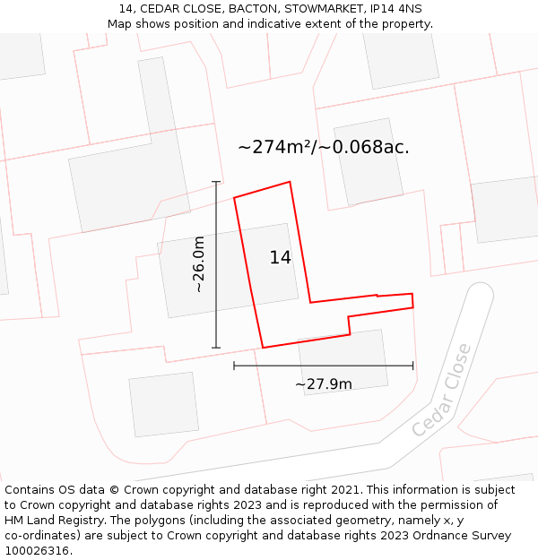 14, CEDAR CLOSE, BACTON, STOWMARKET, IP14 4NS: Plot and title map