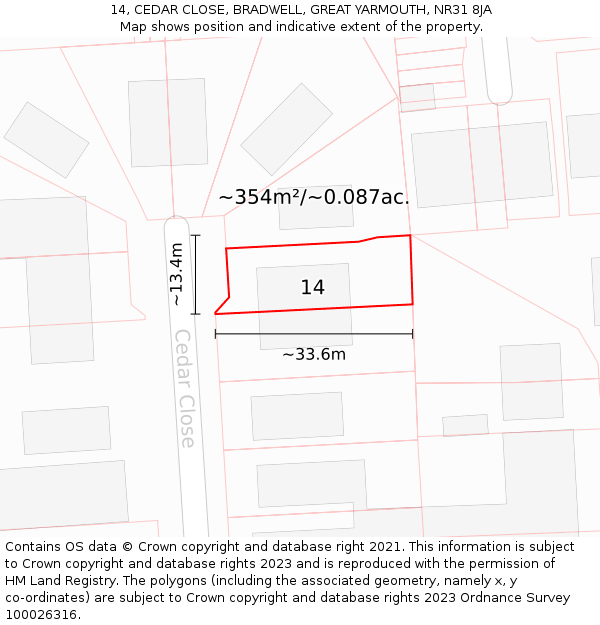 14, CEDAR CLOSE, BRADWELL, GREAT YARMOUTH, NR31 8JA: Plot and title map