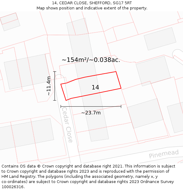 14, CEDAR CLOSE, SHEFFORD, SG17 5RT: Plot and title map
