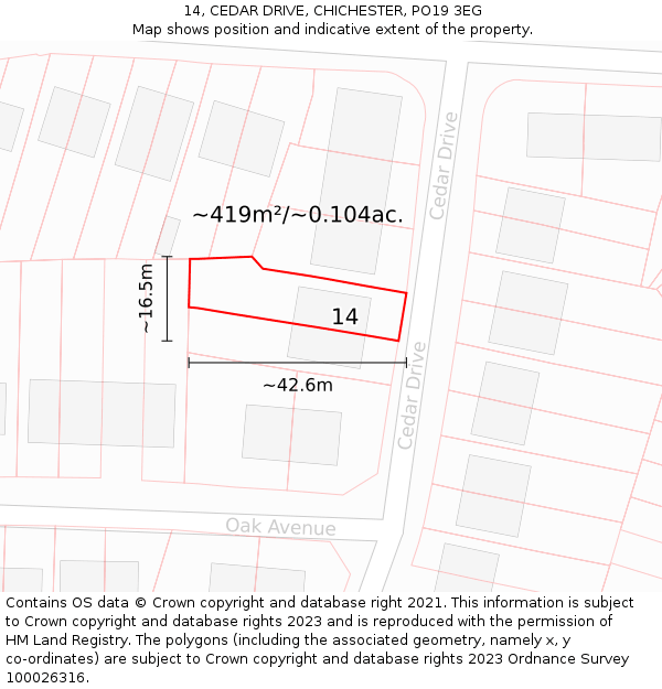 14, CEDAR DRIVE, CHICHESTER, PO19 3EG: Plot and title map