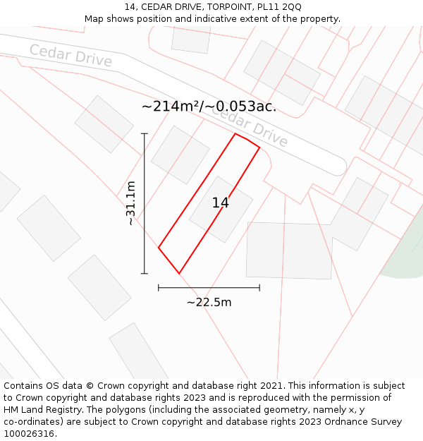 14, CEDAR DRIVE, TORPOINT, PL11 2QQ: Plot and title map