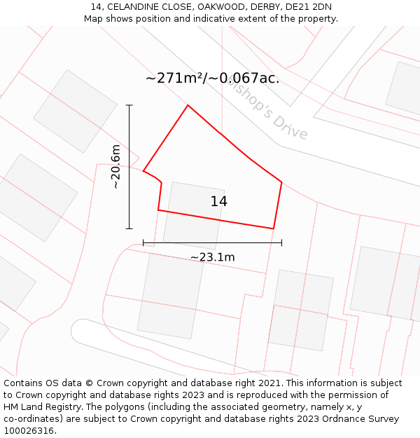 14, CELANDINE CLOSE, OAKWOOD, DERBY, DE21 2DN: Plot and title map