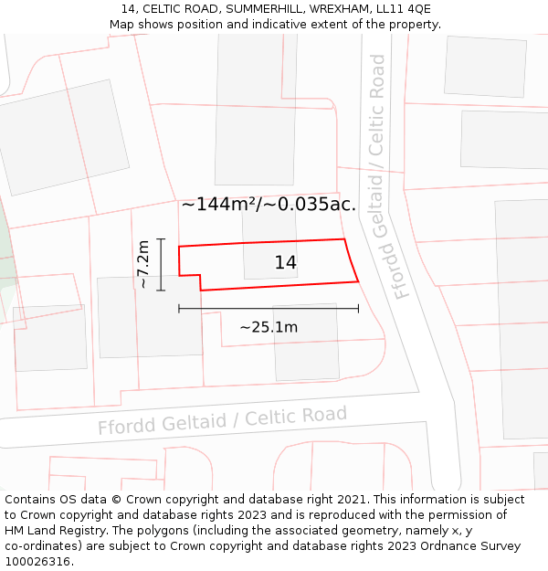 14, CELTIC ROAD, SUMMERHILL, WREXHAM, LL11 4QE: Plot and title map