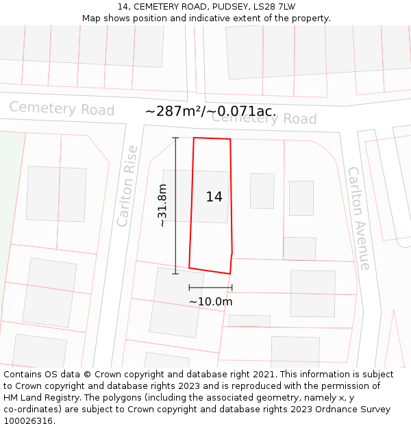 14, CEMETERY ROAD, PUDSEY, LS28 7LW: Plot and title map