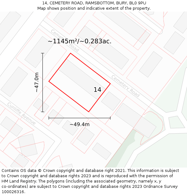 14, CEMETERY ROAD, RAMSBOTTOM, BURY, BL0 9PU: Plot and title map