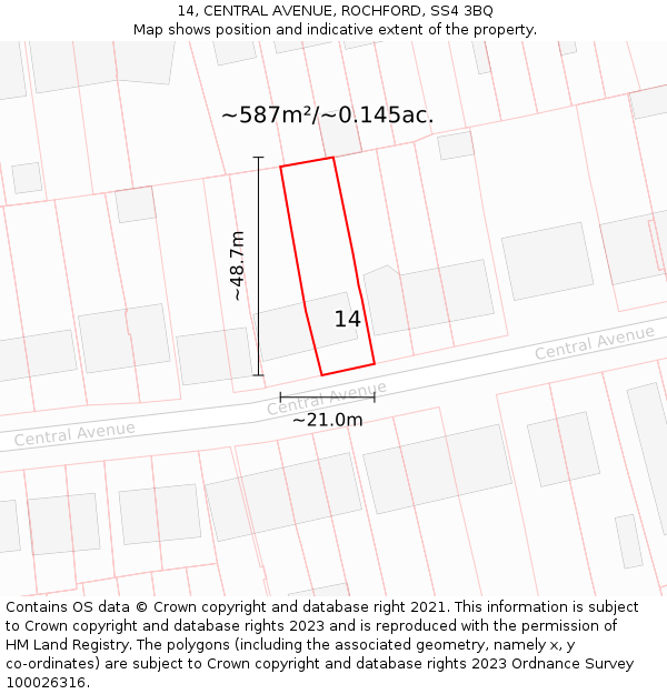 14, CENTRAL AVENUE, ROCHFORD, SS4 3BQ: Plot and title map