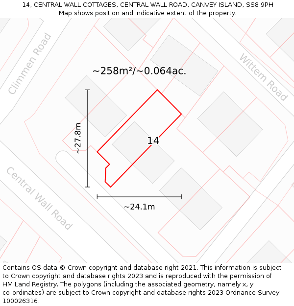 14, CENTRAL WALL COTTAGES, CENTRAL WALL ROAD, CANVEY ISLAND, SS8 9PH: Plot and title map