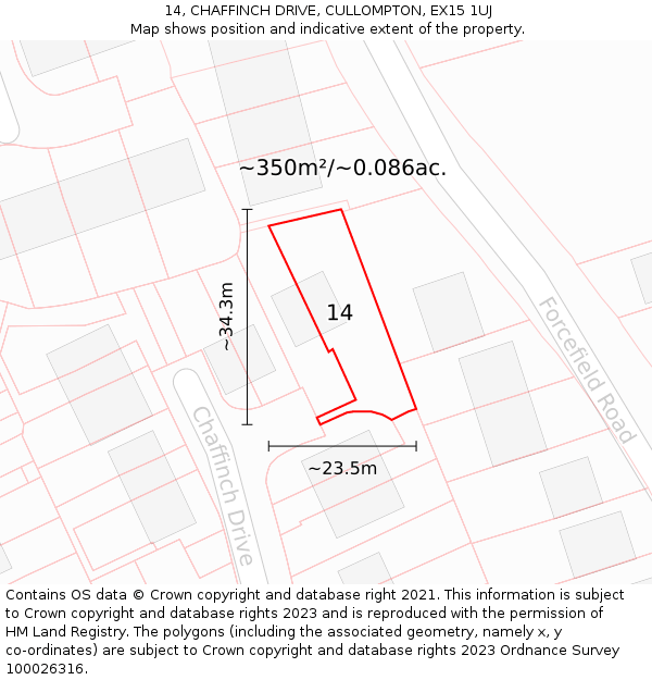 14, CHAFFINCH DRIVE, CULLOMPTON, EX15 1UJ: Plot and title map