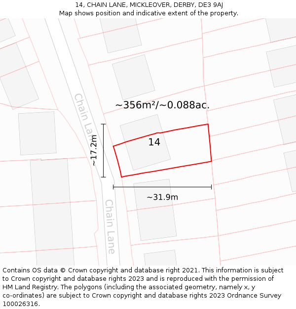 14, CHAIN LANE, MICKLEOVER, DERBY, DE3 9AJ: Plot and title map