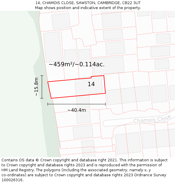14, CHAMOIS CLOSE, SAWSTON, CAMBRIDGE, CB22 3UT: Plot and title map