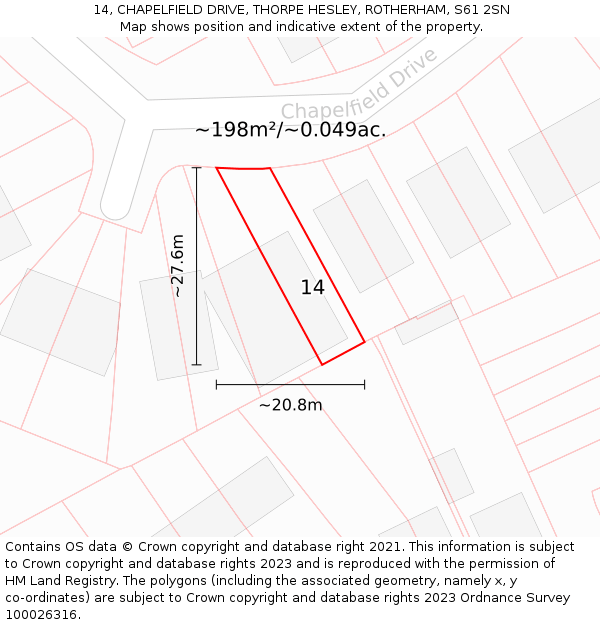 14, CHAPELFIELD DRIVE, THORPE HESLEY, ROTHERHAM, S61 2SN: Plot and title map
