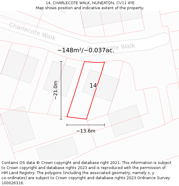 14, CHARLECOTE WALK, NUNEATON, CV11 4YE: Plot and title map