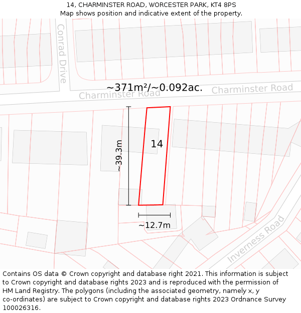 14, CHARMINSTER ROAD, WORCESTER PARK, KT4 8PS: Plot and title map