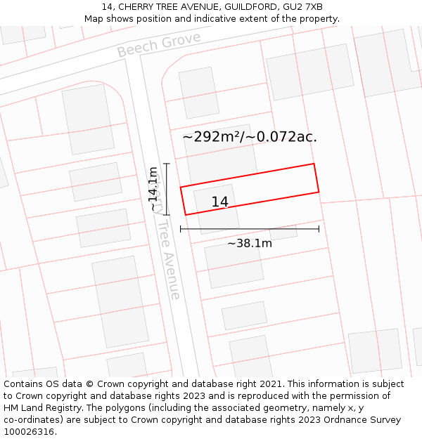 14, CHERRY TREE AVENUE, GUILDFORD, GU2 7XB: Plot and title map