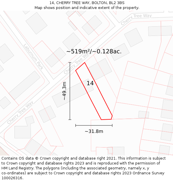 14, CHERRY TREE WAY, BOLTON, BL2 3BS: Plot and title map
