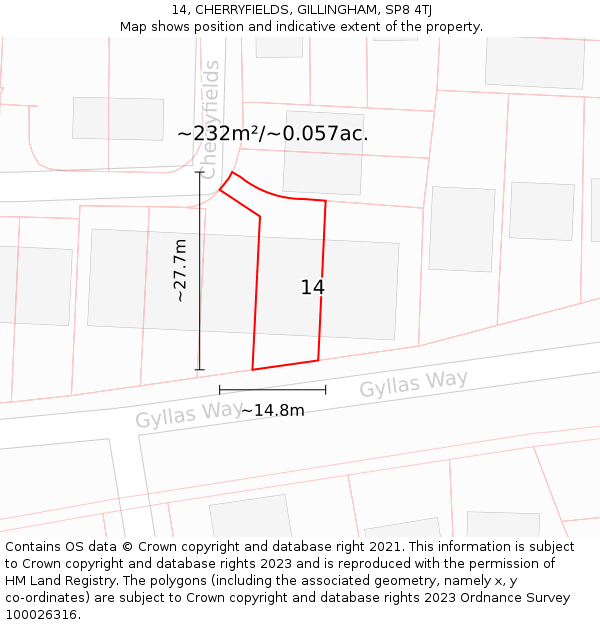 14, CHERRYFIELDS, GILLINGHAM, SP8 4TJ: Plot and title map