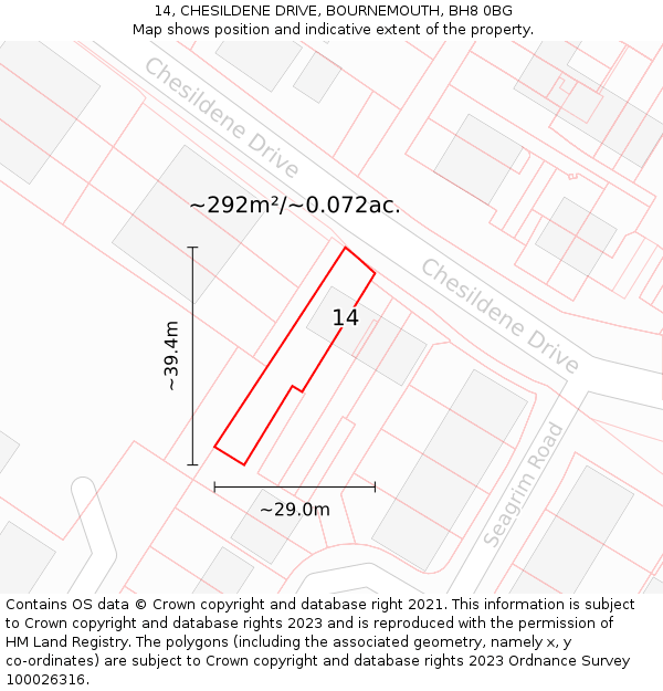 14, CHESILDENE DRIVE, BOURNEMOUTH, BH8 0BG: Plot and title map