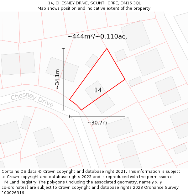 14, CHESNEY DRIVE, SCUNTHORPE, DN16 3QL: Plot and title map