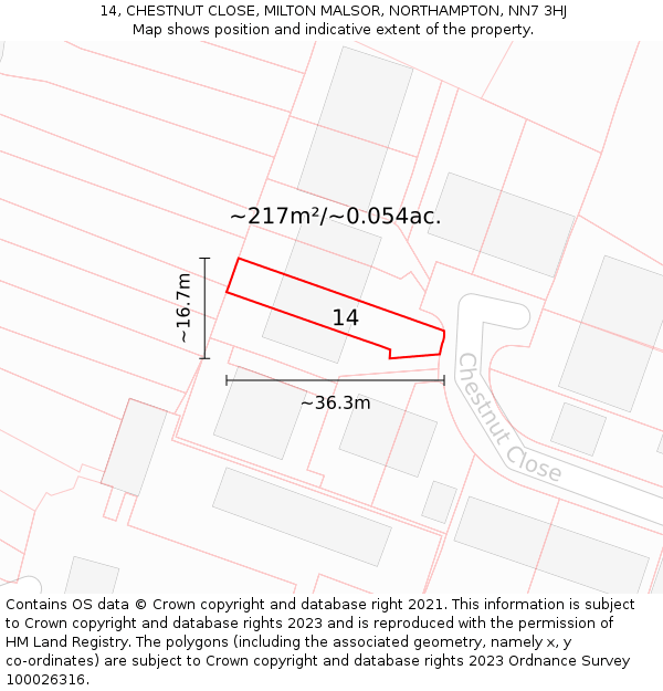 14, CHESTNUT CLOSE, MILTON MALSOR, NORTHAMPTON, NN7 3HJ: Plot and title map