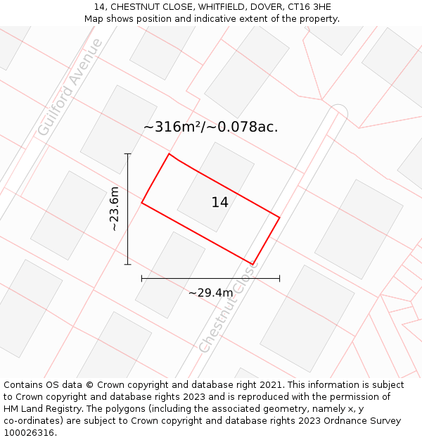14, CHESTNUT CLOSE, WHITFIELD, DOVER, CT16 3HE: Plot and title map