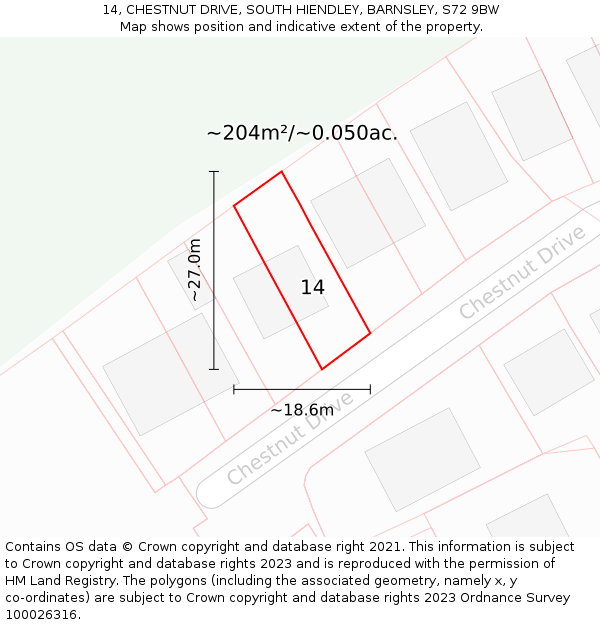 14, CHESTNUT DRIVE, SOUTH HIENDLEY, BARNSLEY, S72 9BW: Plot and title map
