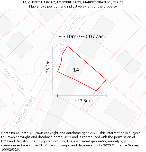 14, CHESTNUT ROAD, LOGGERHEADS, MARKET DRAYTON, TF9 4BJ: Plot and title map