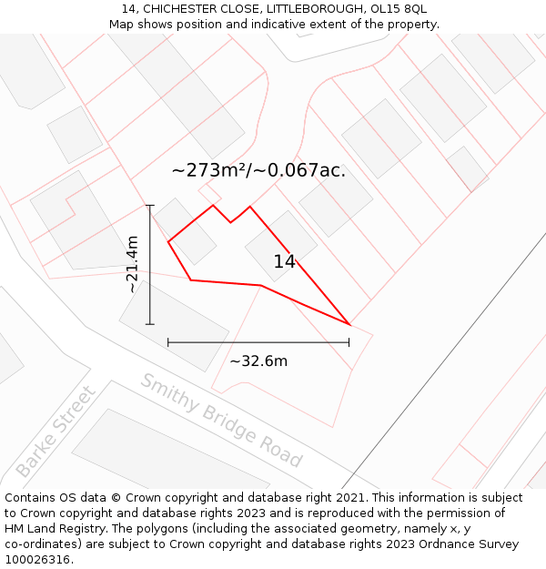 14, CHICHESTER CLOSE, LITTLEBOROUGH, OL15 8QL: Plot and title map