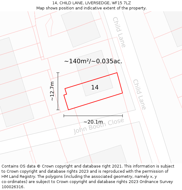 14, CHILD LANE, LIVERSEDGE, WF15 7LZ: Plot and title map