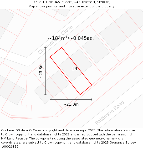 14, CHILLINGHAM CLOSE, WASHINGTON, NE38 8FJ: Plot and title map