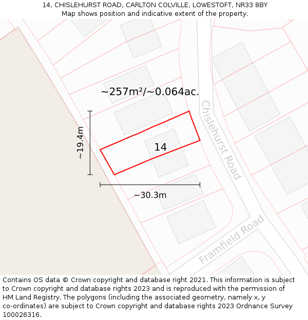 14, CHISLEHURST ROAD, CARLTON COLVILLE, LOWESTOFT, NR33 8BY: Plot and title map