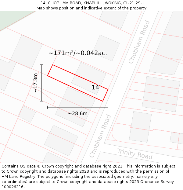 14, CHOBHAM ROAD, KNAPHILL, WOKING, GU21 2SU: Plot and title map