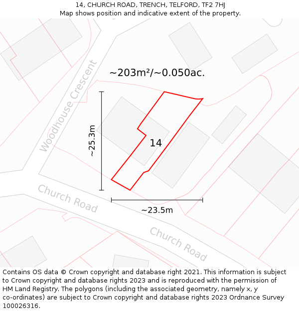 14, CHURCH ROAD, TRENCH, TELFORD, TF2 7HJ: Plot and title map