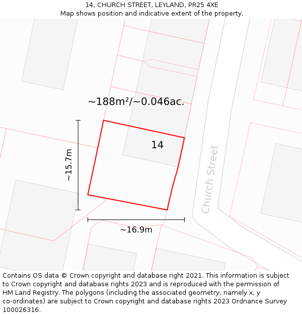 14, CHURCH STREET, LEYLAND, PR25 4XE: Plot and title map