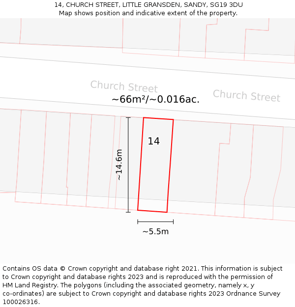 14, CHURCH STREET, LITTLE GRANSDEN, SANDY, SG19 3DU: Plot and title map