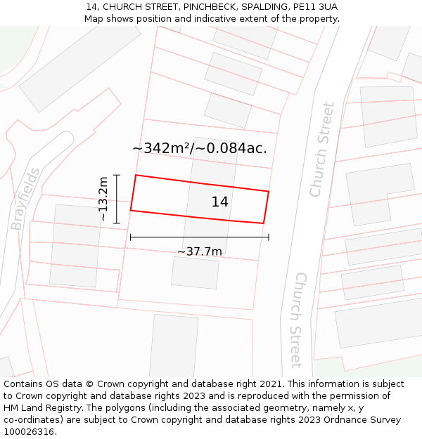 14, CHURCH STREET, PINCHBECK, SPALDING, PE11 3UA: Plot and title map