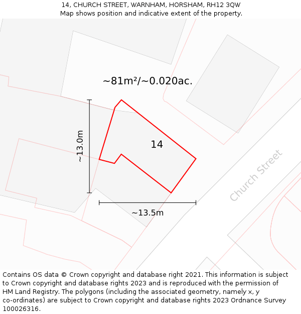 14, CHURCH STREET, WARNHAM, HORSHAM, RH12 3QW: Plot and title map